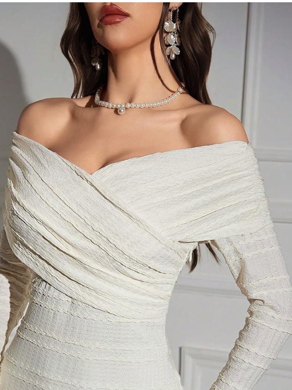 SHEIN Cream Off-Shoulder Textured Wrap Bodycon Dress